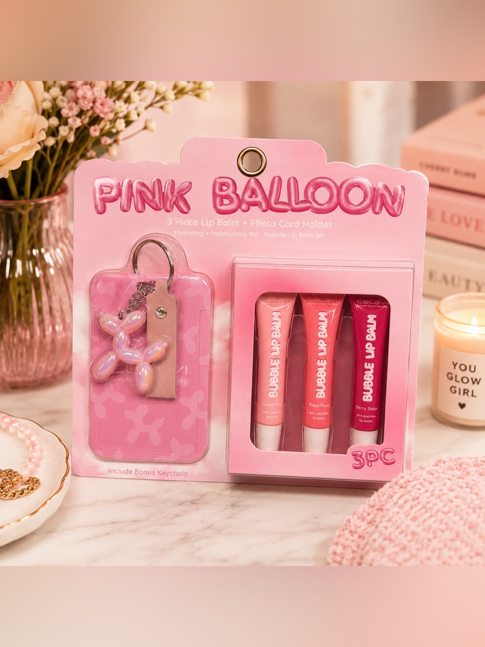 Pink Balloon Dog Keychain and Lip Balm Gift Set New